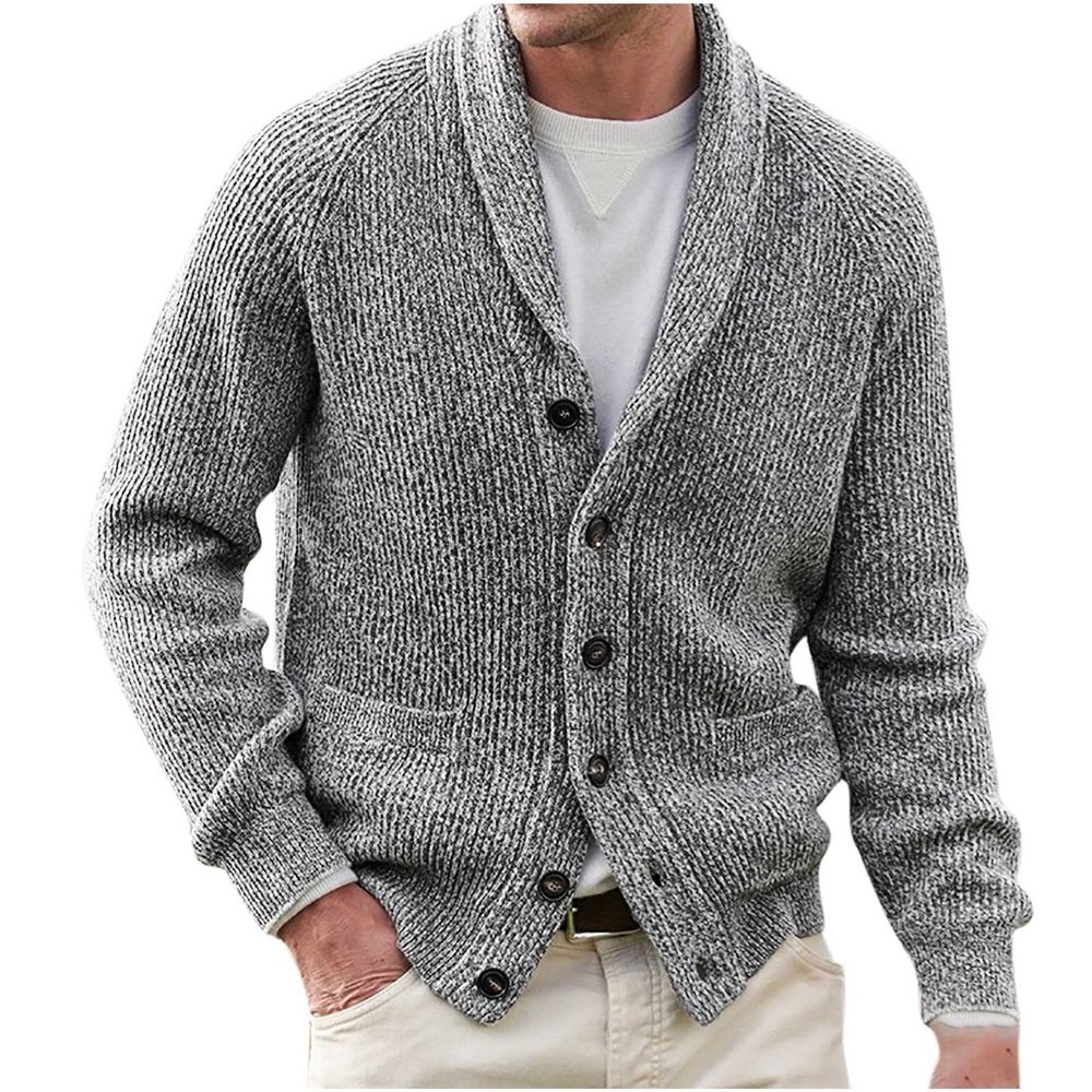 XUNRYAN Mens Sweater Cardigans Cable Knit Casual Button Sweater Shawl Collar Fleece Long-Sleeve Chenille Sweater w Pockets