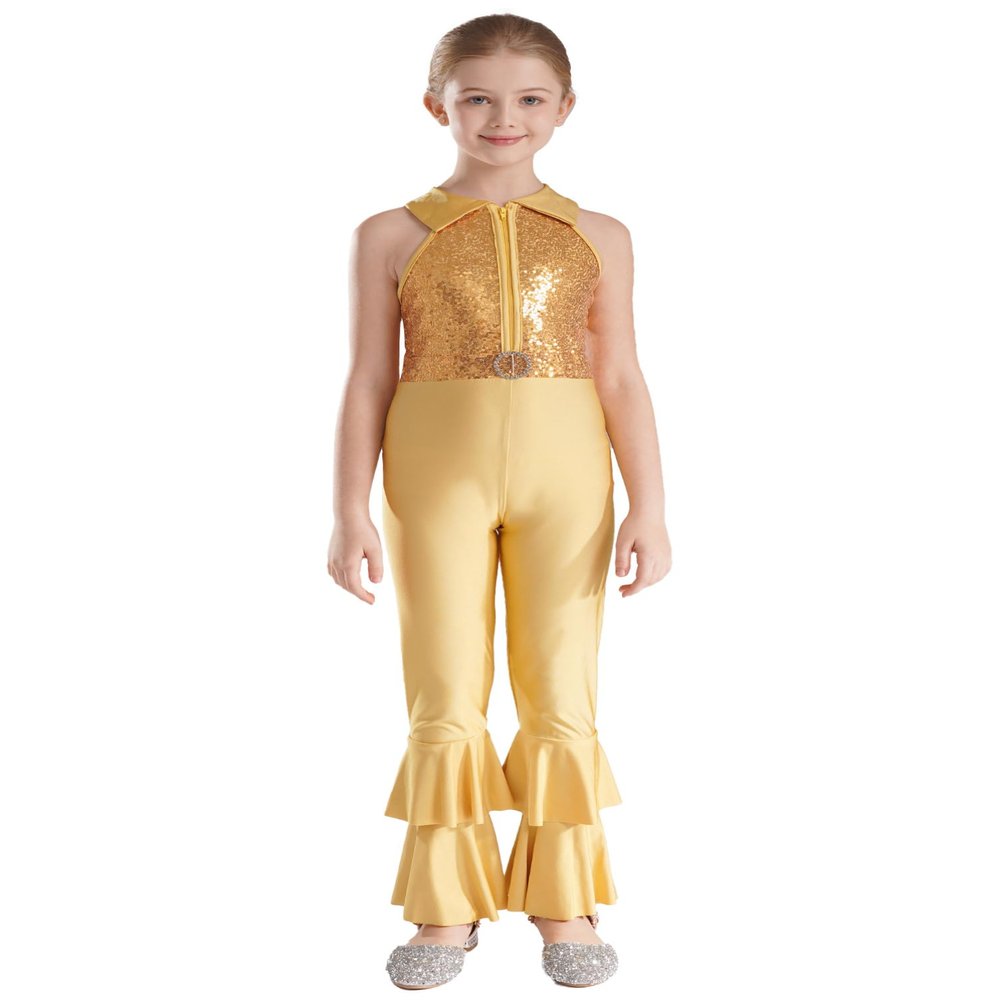 Aislor Girls Sequins Metallic One Piece Full Body Tank Unitard Zipper Back Bodysuit Dance Gymnastics Leotard Jumpsuit Gold 10 Years