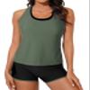 Aleumdr Womens Tankini Swimsuits Athletic 3 Piece Tummy Control Bathing Suits with Shorts Modest Tank Tops Green X-Large