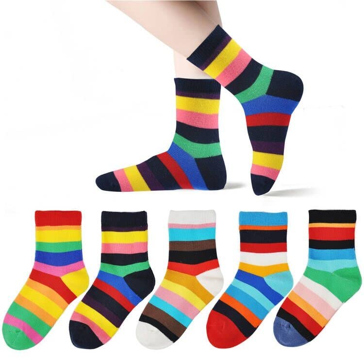 Marchare Girls Seamless Crew Cotton Socks Kids Casual Socks School Socks Rainbow Stripes Color F 5 Pack 3-5 Years