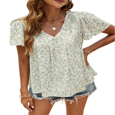 BBcoch Women's Floral Babydoll Dress Peplum Tops Short Sleeve V Neck Top White Large