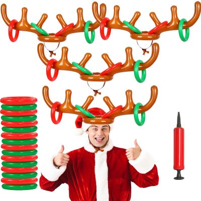 Inflatable Reindeer Antler Ring Toss Game,Antler Hat with Rings Christmas Party Games for Party Supplies Outdoor Indoor Ring Toss Game for Families(4 Antlers 16 Rings 1 Pump)