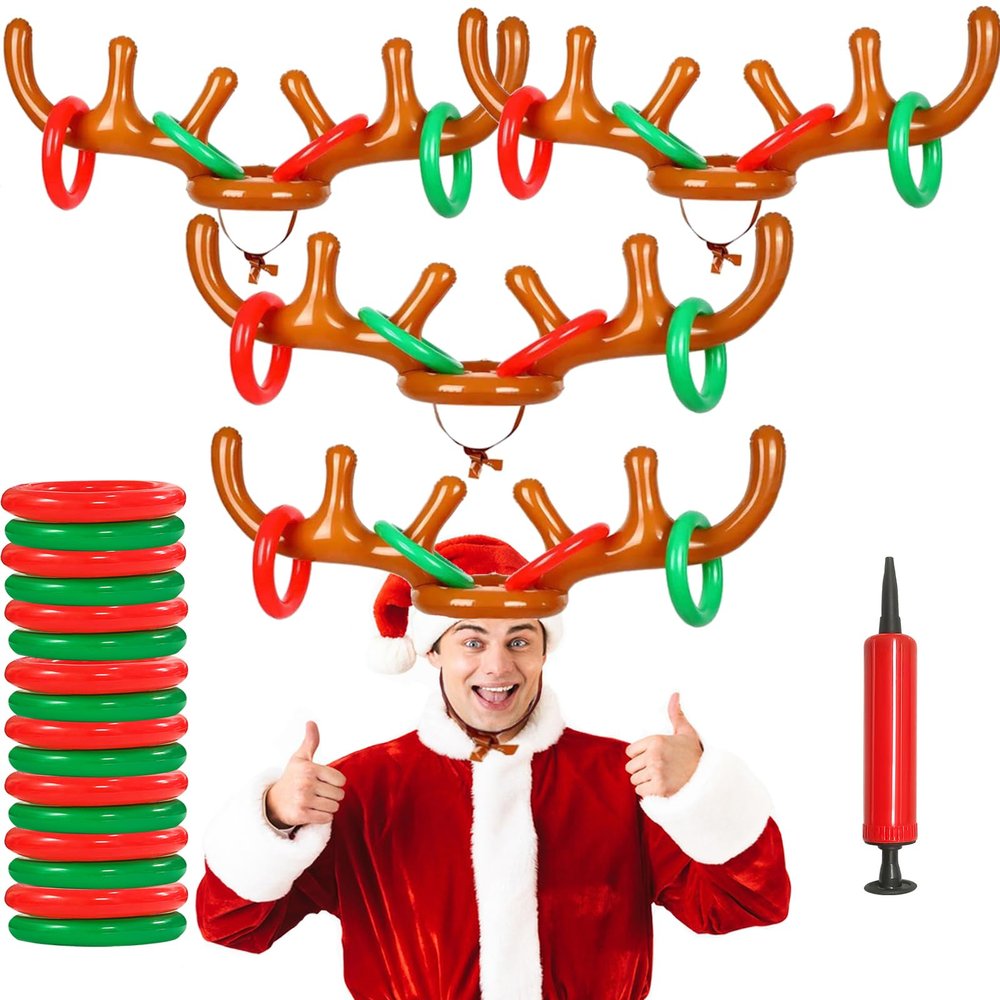 Inflatable Reindeer Antler Ring Toss Game,Antler Hat with Rings Christmas Party Games for Party Supplies Outdoor Indoor Ring Toss Game for Families(4 Antlers 16 Rings 1 Pump)