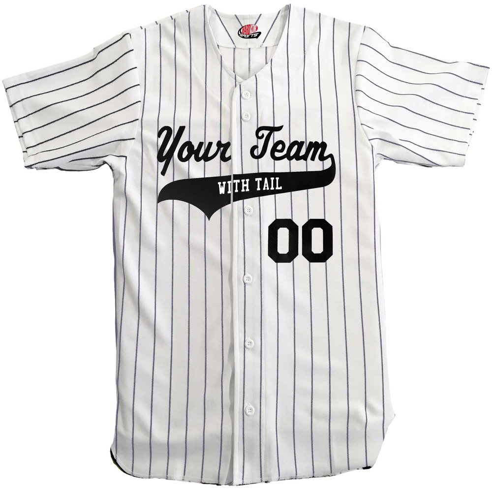 Custom Short Sleeve Pinstripe Baseball Jersey 6 Button | White and Navy | Adult Med