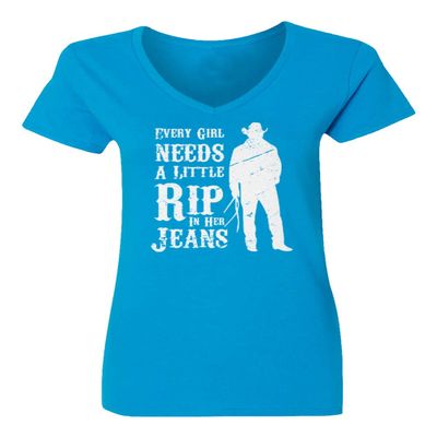 Every Girl Needs Rip in Her Jeans Funny Graphic Ladies' V-Neck Tshirt (Sapphire Blue, X-Large)