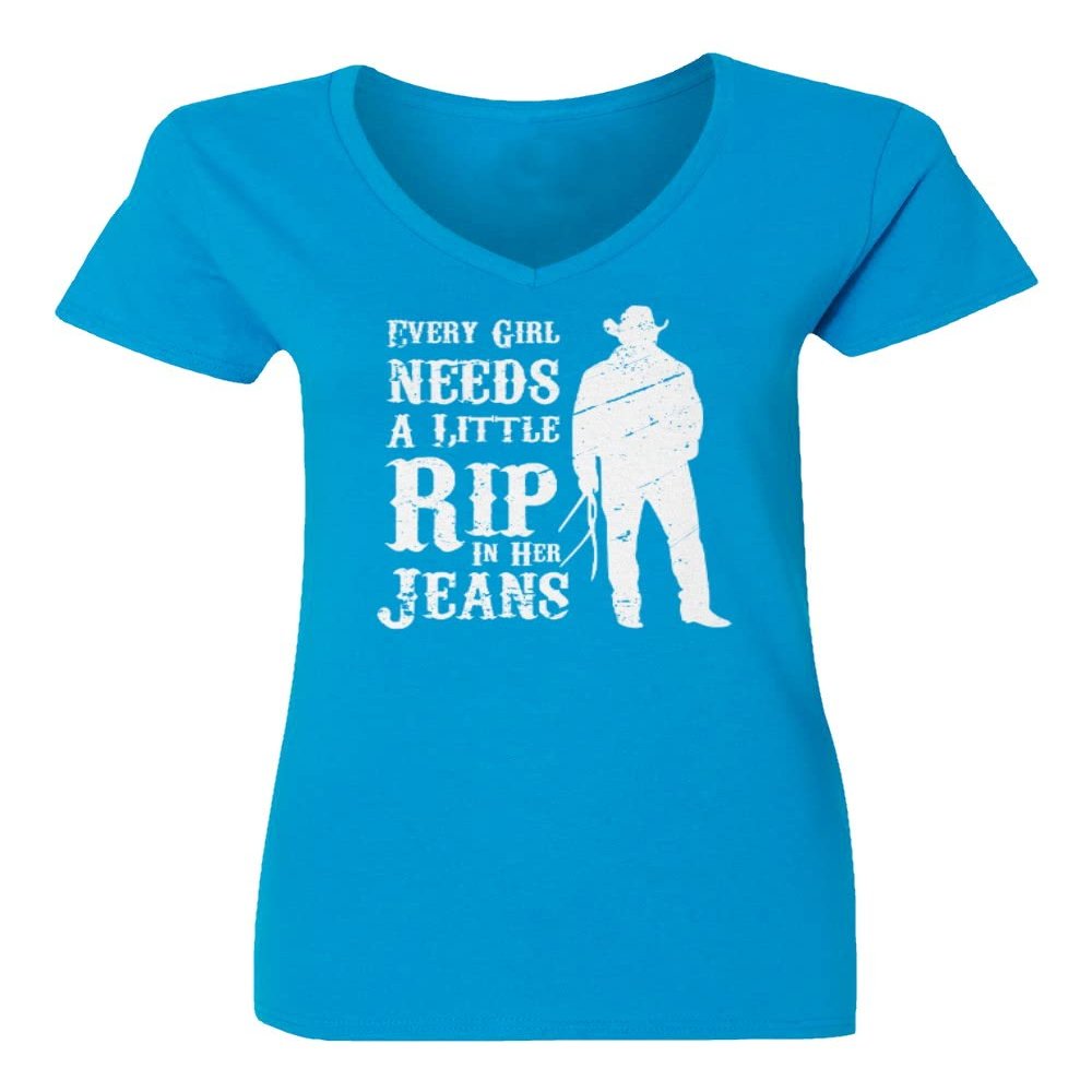 Every Girl Needs Rip in Her Jeans Funny Graphic Ladies' V-Neck Tshirt (Sapphire Blue, X-Large)