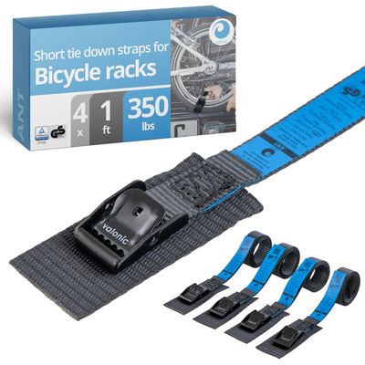 valonic ANT - Short Lashing Strap, Padded, 4 Pieces, 1 ft, 350lbs Breaking Strength, cam Buckle, Black - tie Down Straps for Bike Rack