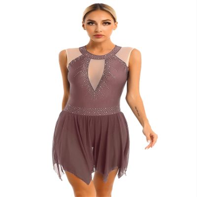 ranrann Women's Lyrical Dance Dres Glitter Rhinestone Sleeveless Figure Skating Dance Performance Costume #03-Brown Large