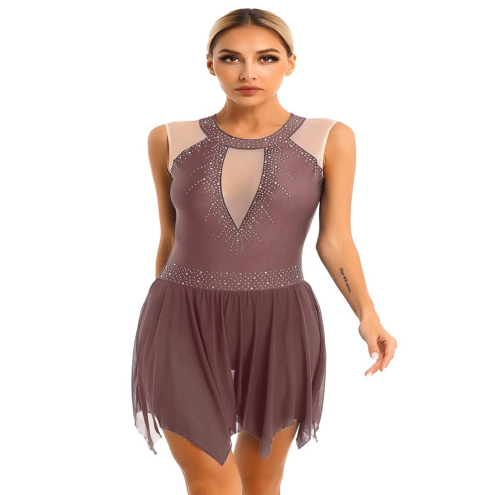 ranrann Women's Lyrical Dance Dres Glitter Rhinestone Sleeveless Figure Skating Dance Performance Costume #03-Brown Large