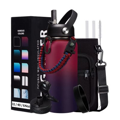 32OZ Insulated Water Bottle with Straw - Spout Lid, Sweat-Proof & BPA-Free Metal Reusable Water Bottles, Wide-Mouth Vacuum Insulated Bottle with Paracord Handle, Bottle Sleeve Bag & Protective Boot