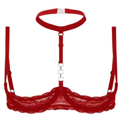 Hedmy Woman's Lace Underwire Push Up Shelf Bra 1/2 Cup Demi Balconette Hollow Out Unlined Bra Tops Red Large