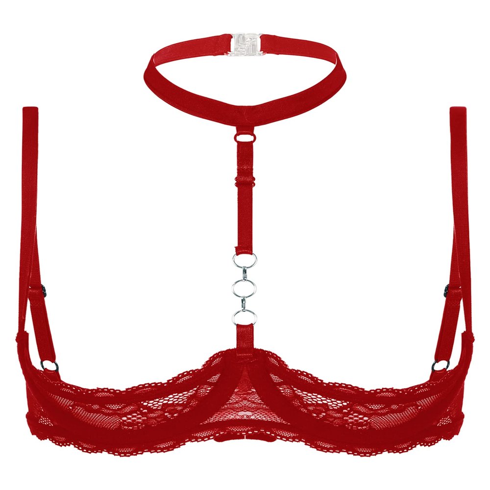 Hedmy Woman's Lace Underwire Push Up Shelf Bra 1/2 Cup Demi Balconette Hollow Out Unlined Bra Tops Red Large