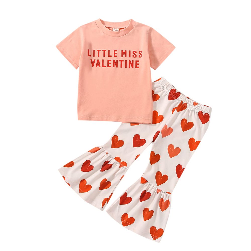 FYBITBO Toddler Baby Girl Valentines Day Outfit Little Miss Short Sleeve Tee Shirt Top Heart Bell Pants Spring Clothes (Heart print pink,12-18 Months)