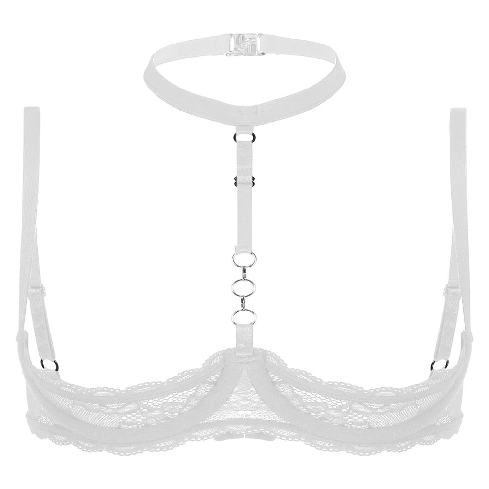 Lejafay Women See Through Lace 1/4 Cups Balconette Bustier Brassiere Padded Underwire Shelf Bra Tops White XX-Large