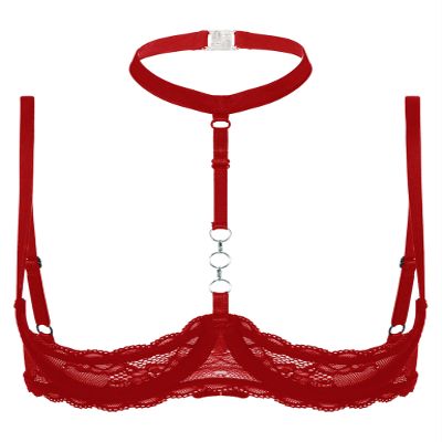 Lejafay Women See Through Lace 1/4 Cups Balconette Bustier Brassiere Padded Underwire Shelf Bra Tops Red Medium