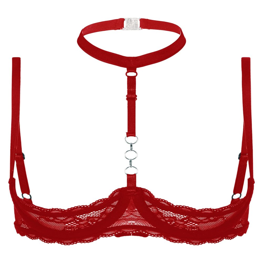 Lejafay Women See Through Lace 1/4 Cups Balconette Bustier Brassiere Padded Underwire Shelf Bra Tops Red Medium