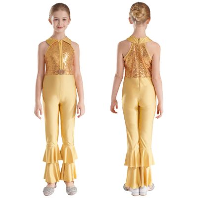 Loyan Kids Girls Shiny Metallic Sequin Gymnastics Leotard Bell-Bottom Full Body Unitard Bodysuit Ballet Jazz Dance Costume Gold 8 Years