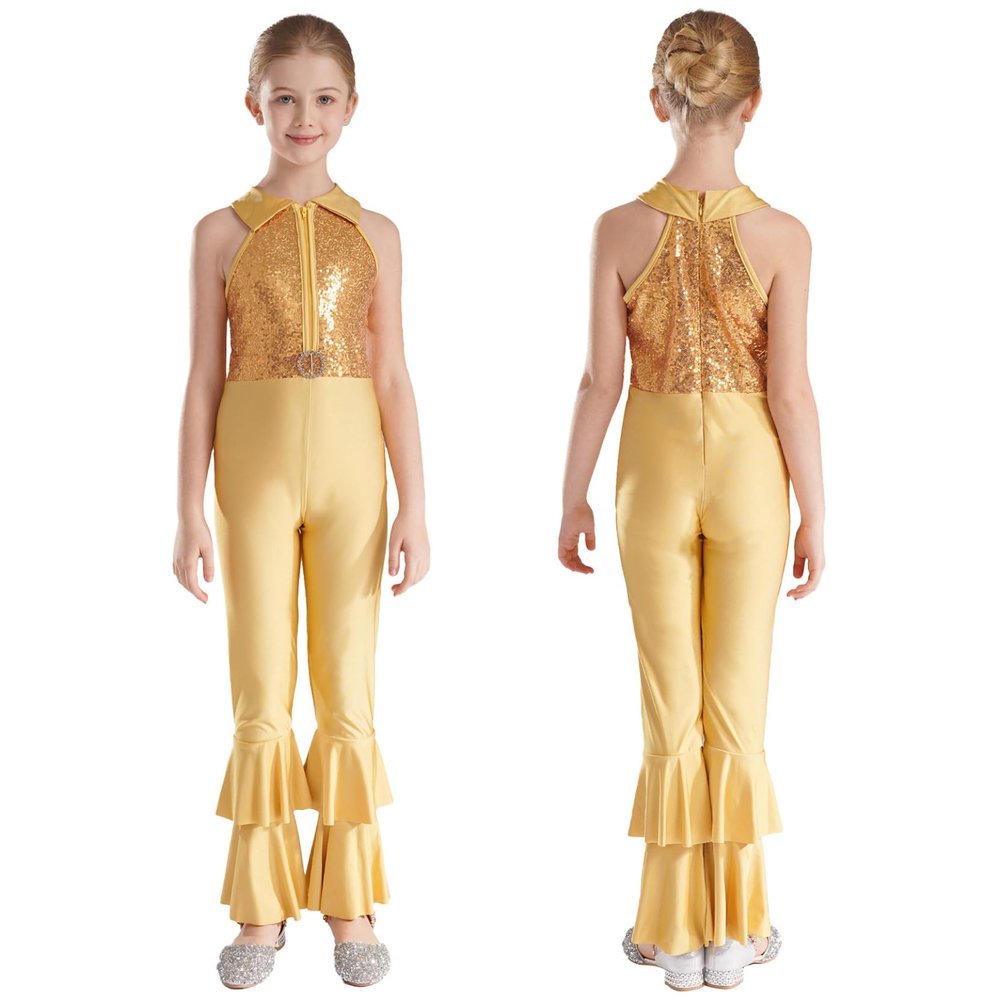 Loyan Kids Girls Shiny Metallic Sequin Gymnastics Leotard Bell-Bottom Full Body Unitard Bodysuit Ballet Jazz Dance Costume Gold 8 Years