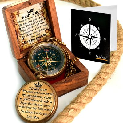 to My Son Compass with Wooden Box-Mom to Son CompassMother to Son Gifts-Graduation Day Gifts for Son-Hiking Backpacking Compass-Birthday Confirmation Students Baptism Communion Compass for Women Men