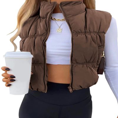Athlisan Womens Cropped Puffer Vest Zip Up Stand Collar Lightweight Sleeveless Padded Gilet with Pockets(Brown-M)