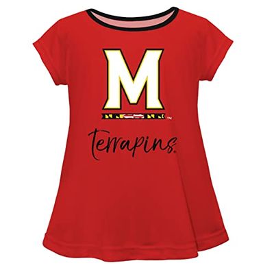 Short Sleeve Red Top with School Logo and Name - Soft & Comfy Loose Bottom Scoop Neck Swing Style T Shirt (Infant, Youth & Girls)