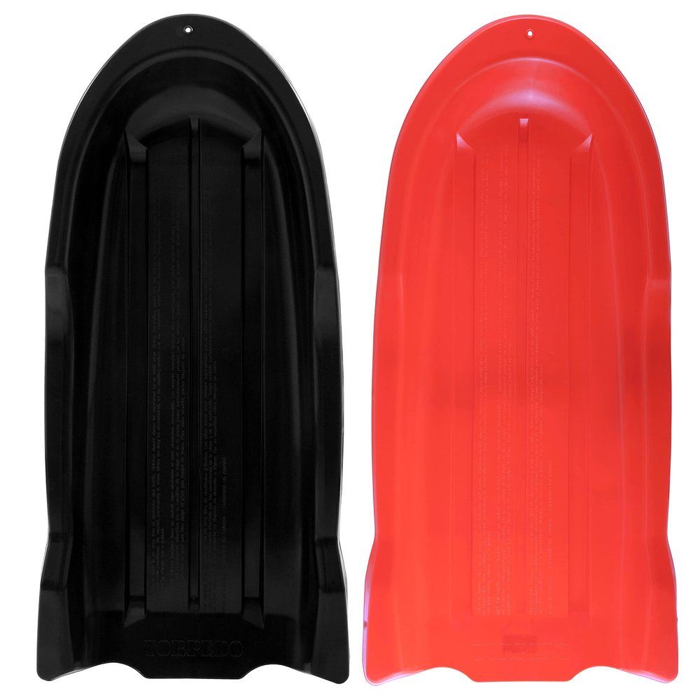 Superio Toboggan Snow Sled- 46 Plastic Open Back Sled for Kids and Adults- Heavy Duty Sled with Hole for Pull Ropes (Ropes Excluded) for Downhill Sledding, Winter Outdoor Sports, (Red-Black)