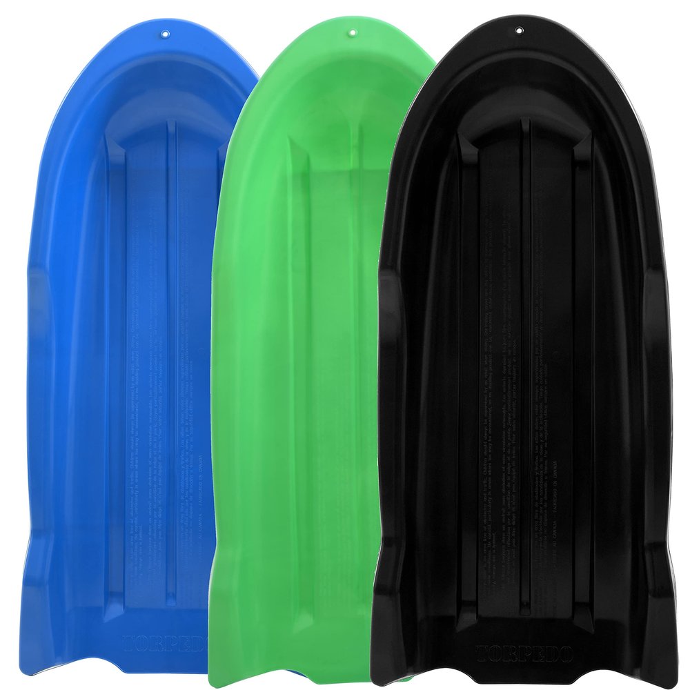Superio Toboggan Snow Sled- 46 Plastic Open Back Sled for Kids and Adults- Heavy Duty Sled with Hole for Downhill Sledding, Winter Outdoor Sports, (Blue, Green, Black)