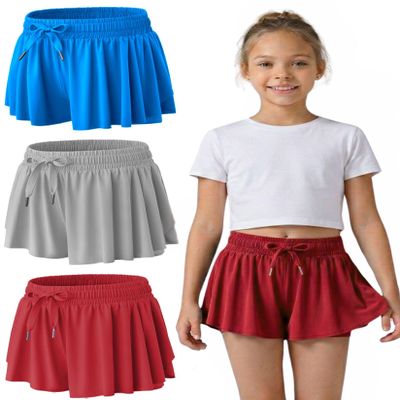 3 Pack Girls Flowy Shorts with Spandex Liner 2-in-1 Youth Butterfly Skirts for Fitness, Running, Sports (Set 5, X-Small)