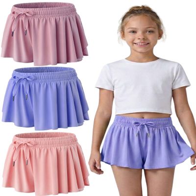 3 Pack Girls Flowy Shorts with Spandex Liner 2-in-1 Youth Butterfly Skirts for Fitness, Running, Sports (Set 3, X-Small)