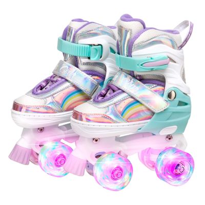 Skate Gear Rainbow Adjustable Light up Inline/Quad Roller Skates for Girls and Boys (Pink - Quad, Medium)