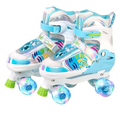 Skate Gear Rainbow Adjustable Light up Inline/Quad Roller Skates for Girls and Boys (Blue - Quad, Medium)