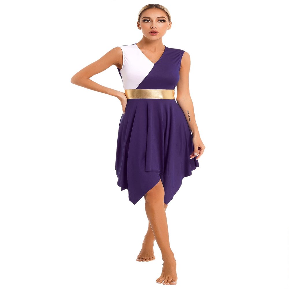 easyforever Women's Sleeveless Color Block Dance Dress Liturgical Praise Lyrical Dancewear Worship Robe Dress Purple B Large