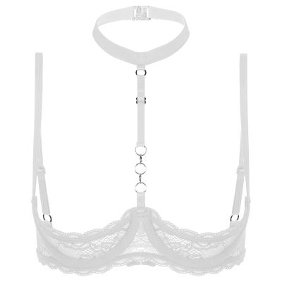 YiZYiF Women's Sexy 1/4 Cup Lace Bra Balconette Mesh See Through Bralette Underwired Plunge Bras White X-Large