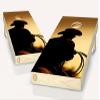 Cowboy at Sunset Silhouetted Horse Cornhole Board Vinyl Wrap Laminated Sticker Set view 1