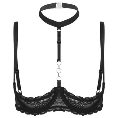 Jugaoge Women Sexy Lace 1/4 Cups Push Up Underwired Bra Lingerie Sponge Exposed Breast Bra Black D 5X-Large