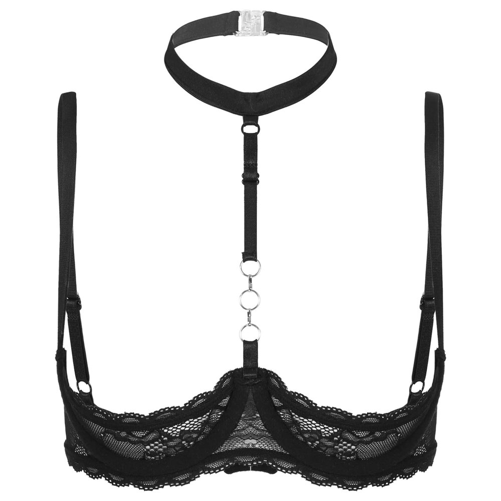 Jugaoge Women Sexy Lace 1/4 Cups Push Up Underwired Bra Lingerie Sponge Exposed Breast Bra Black D 5X-Large