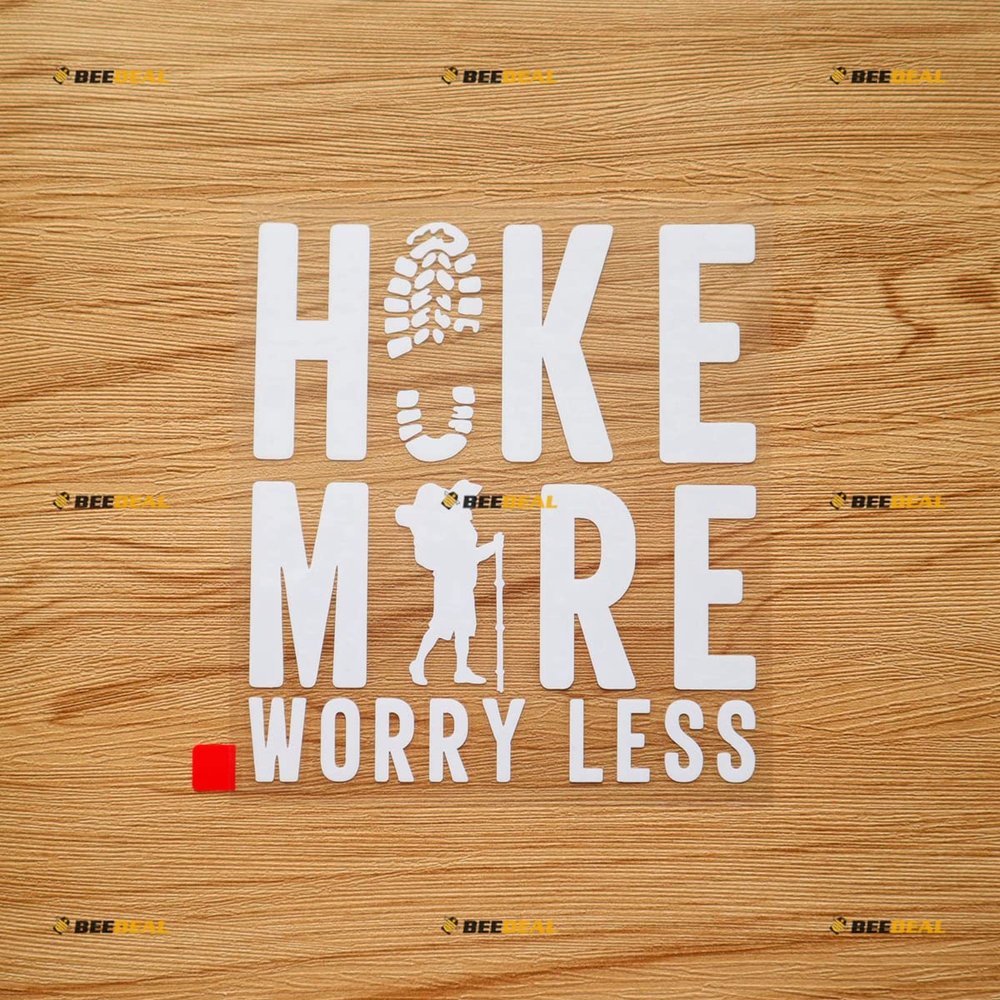 Hike More Worry Less Hiker Love Hiking Camping Boot Footprint Sticker Decal Vinyl - White 5 Inches - No Background Die Cut for Car Boat Laptop