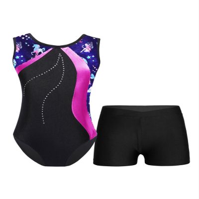 Hansber Kids Girls Sleeveless Leotards Gymnastics with Shorts Ballet Dance Biketard 2 Piece Dance Outfits Hot Pink 5-6