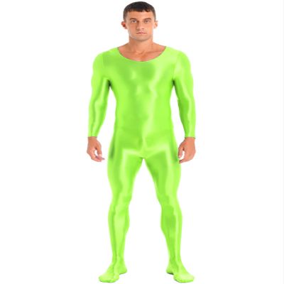 Linjinx Men's Glossy Full Body Spandex Zentai Suit Long Sleeve Leotard Footed Bodysuit Jumpsuit Fluorescent Green X-Large
