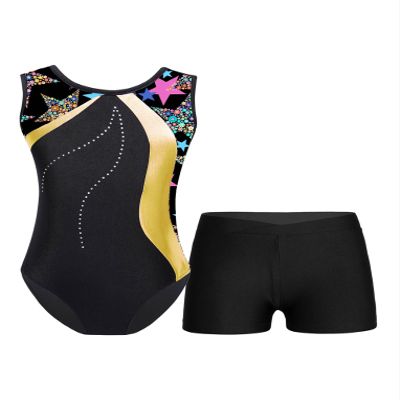 Hansber Kids Girls Sleeveless Leotards Gymnastics with Shorts Ballet Dance Biketard 2 Piece Dance Outfits Yellow 5-6