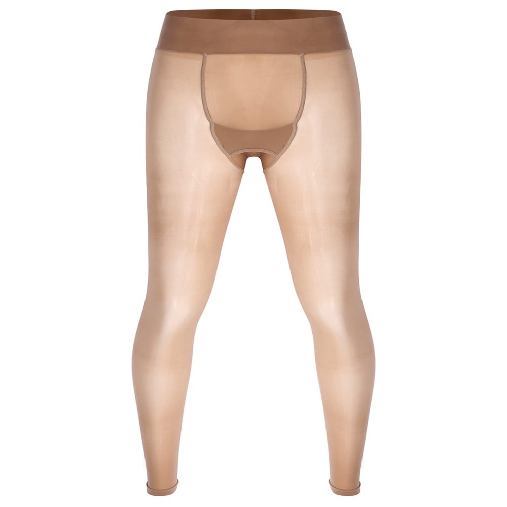 Jugaoge Men's Oily Glossy See Through Long Pants Slim Stretchy Leggings Tights Sissy Crossdresser Coffee One Size