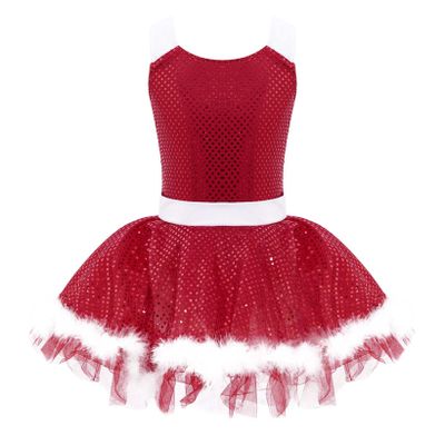 QinCiao Kids Girls Sequined Faux Fur Ballet Leotard Tutu Dress Christmas Figure Ice Skating Holiday Dance Dress Red 14 Years