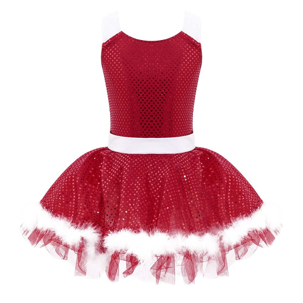 QinCiao Kids Girls Sequined Faux Fur Ballet Leotard Tutu Dress Christmas Figure Ice Skating Holiday Dance Dress Red 14 Years