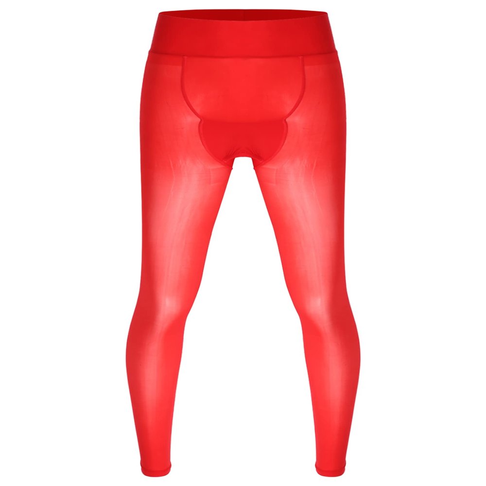 dPois Men's Glossy Long Trousers Tights Thermal Sissy Underwear Pajamas Pants See Through Leggings Red One Size