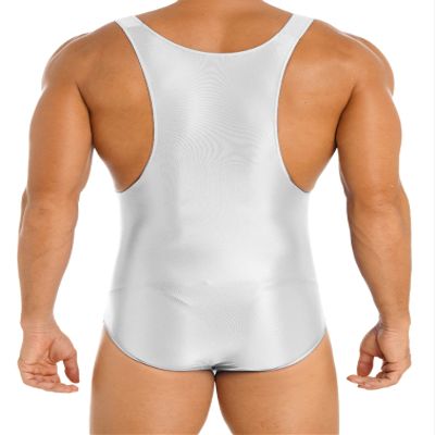 Jugaoge Mens Oily Glossy One Piece Bodysuit Swimming Suits Sleeveless Sports Swimwear Yoga Jumpsuit White X-Large