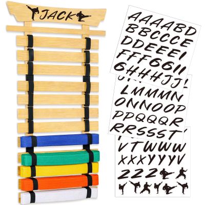 Winartton 12 Belts Bamboo Karate Belt Display Rack, Taekwondo Belt Display Rack Personalized with Stickers, Martial Arts Belt Display, No Assembly Required, Belt Holder for Adult