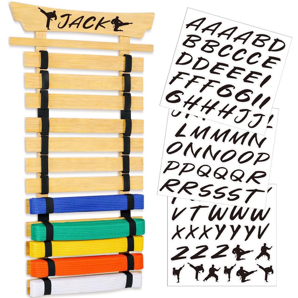 Winartton 12 Belts Bamboo Karate Belt Display Rack, Taekwondo Belt Display Rack Personalized with Stickers, Martial Arts Belt Display, No Assembly Required, Belt Holder for Adult
