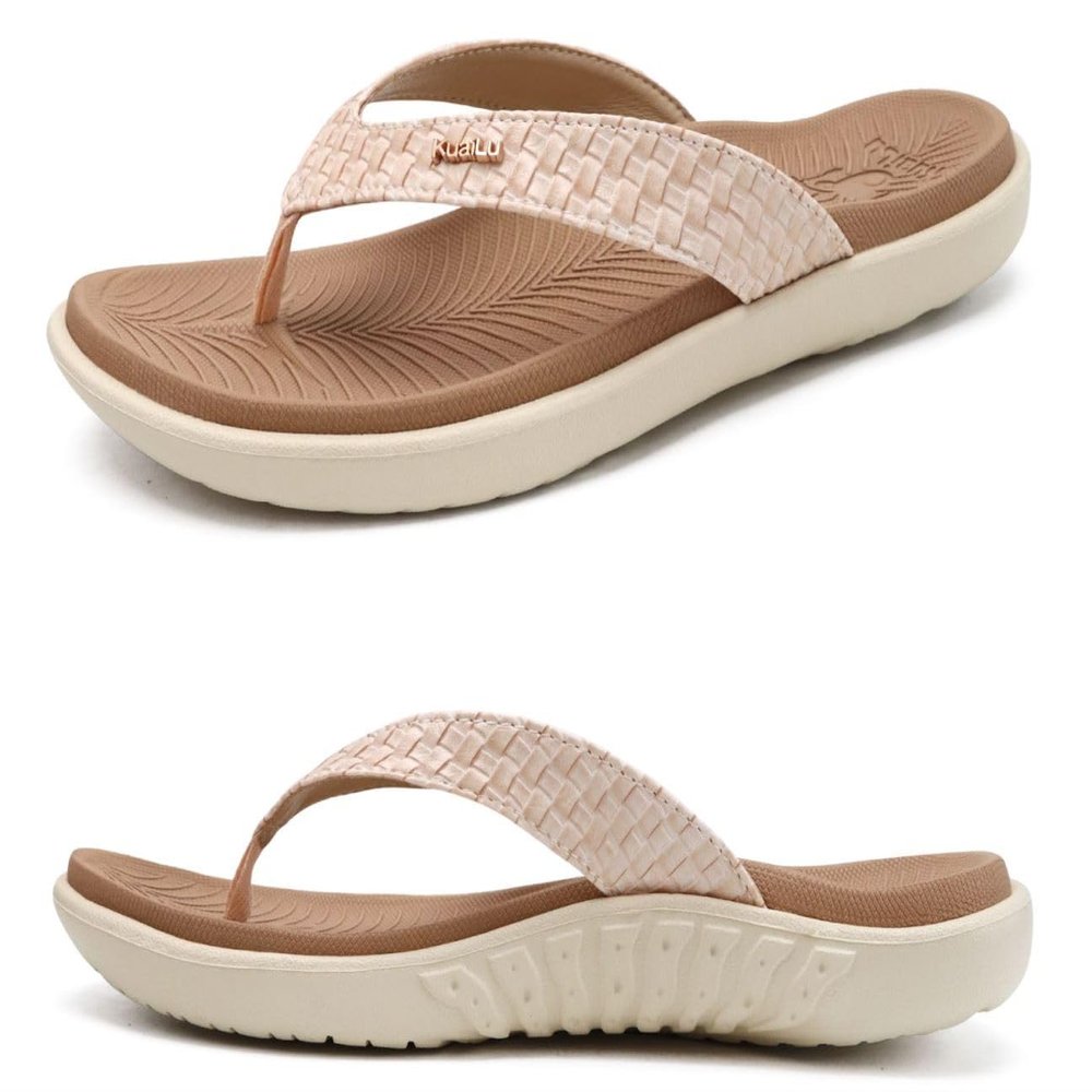 KuaiLu Flip Flops for Women Ladies Yoga Mat Comfortable Sport Walking Thong Sandal With Plantar Fasciitis Arch Support Slip-on Slides Indoor Outdoor For Summer Size 8 Beige White