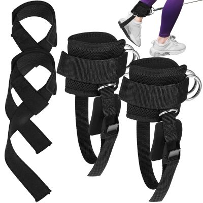 4pcs Ankle and Wrist Straps: 2pcs Adjustable Ankle Cuffs for Cable Machine and 2pcs 21.5'' Lifting Straps for Weightlifting Gym Workout Strength Training Bodybuilding