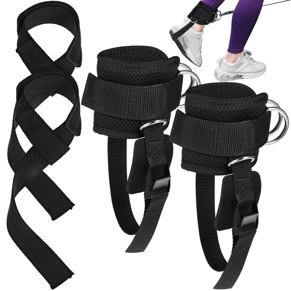 4pcs Ankle and Wrist Straps: 2pcs Adjustable Ankle Cuffs for Cable Machine and 2pcs 21.5'' Lifting Straps for Weightlifting Gym Workout Strength Training Bodybuilding